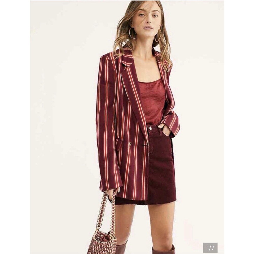 Free People Ember Girl Striped Double Breasted Blazer Jacket Burgundy Womens Sm